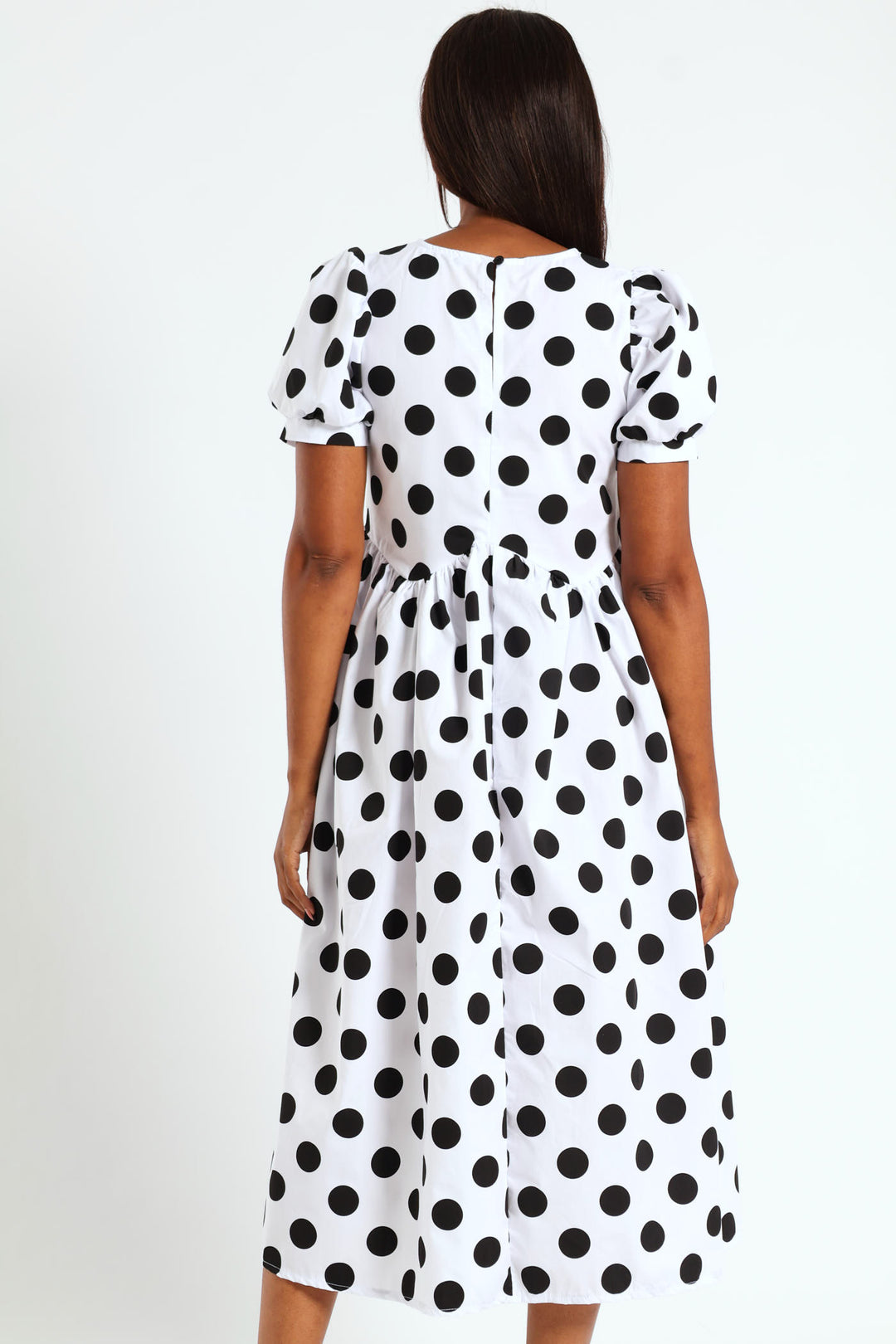 Puff Sleeve Polka Dot Poplin Midaxi Dress - White/Black