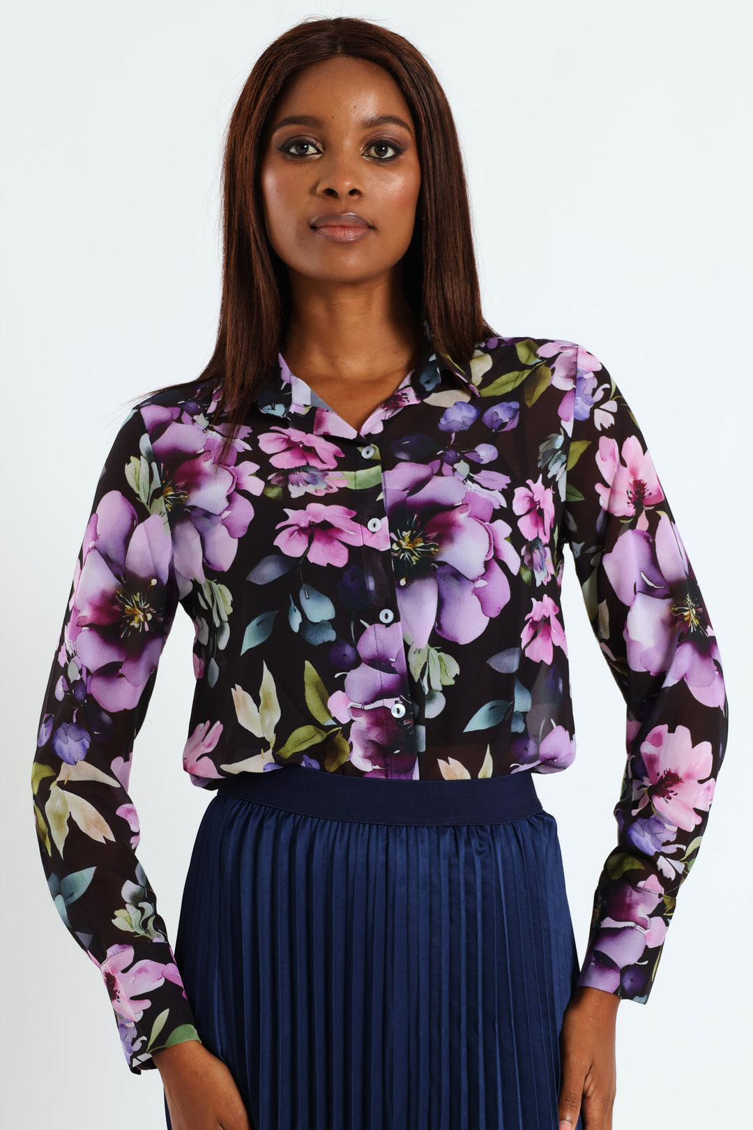 Hydrangea Floral Chiffon Shirt - Black