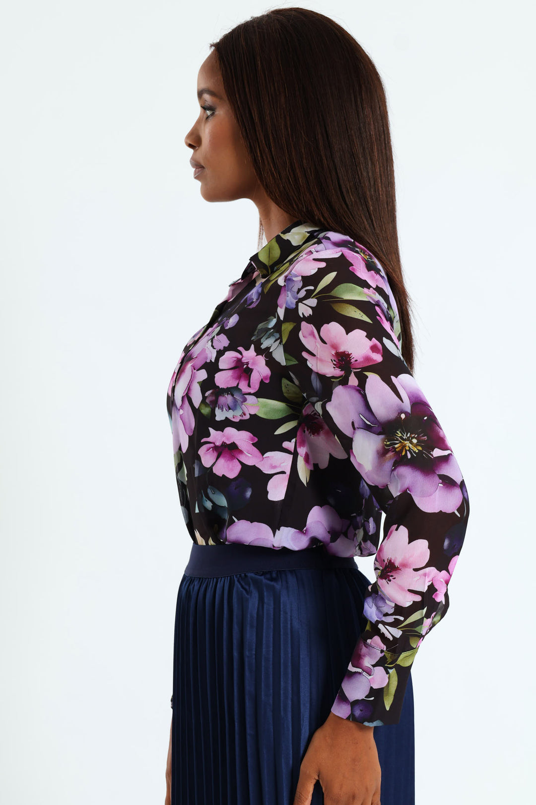Hydrangea Floral Chiffon Shirt - Black