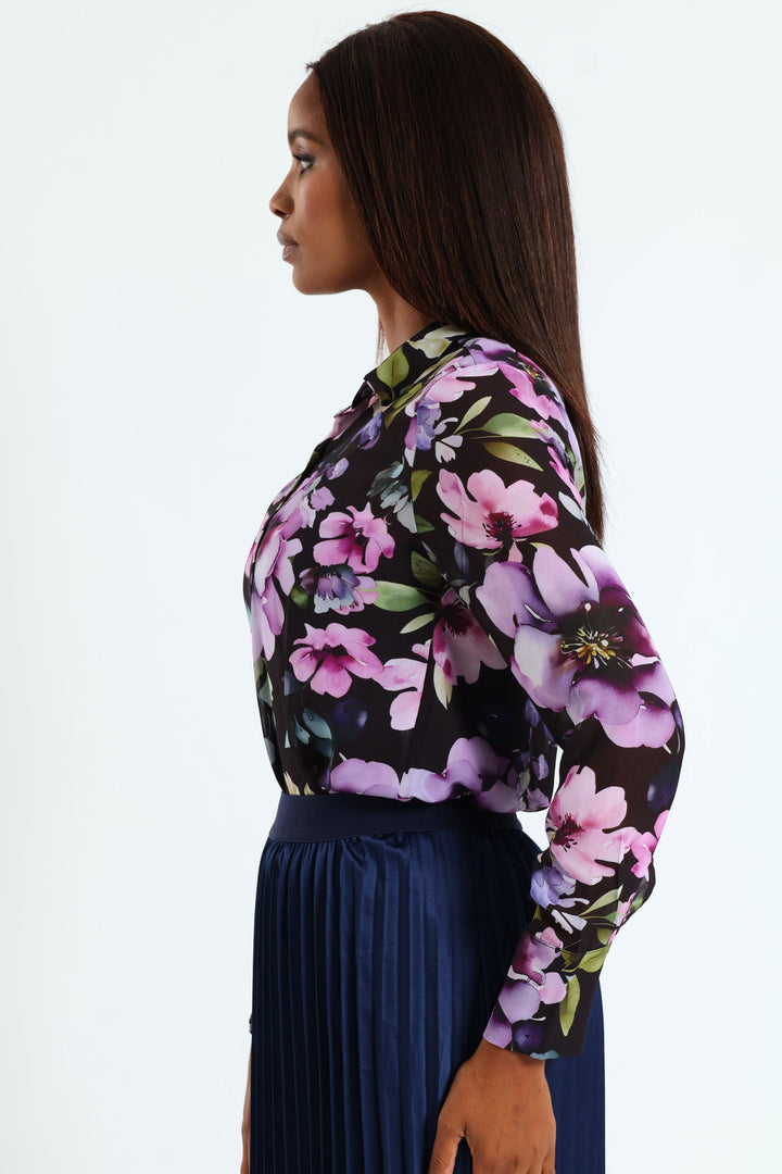 Hydrangea Floral Chiffon Shirt - Black