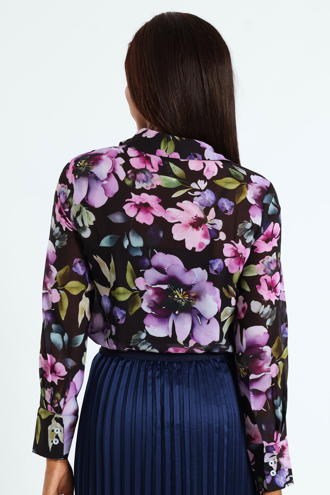 Hydrangea Floral Chiffon Shirt - Black