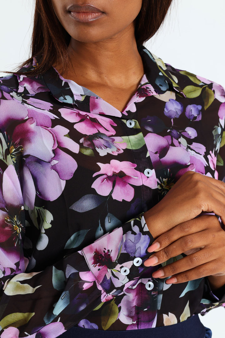 Hydrangea Floral Chiffon Shirt - Black