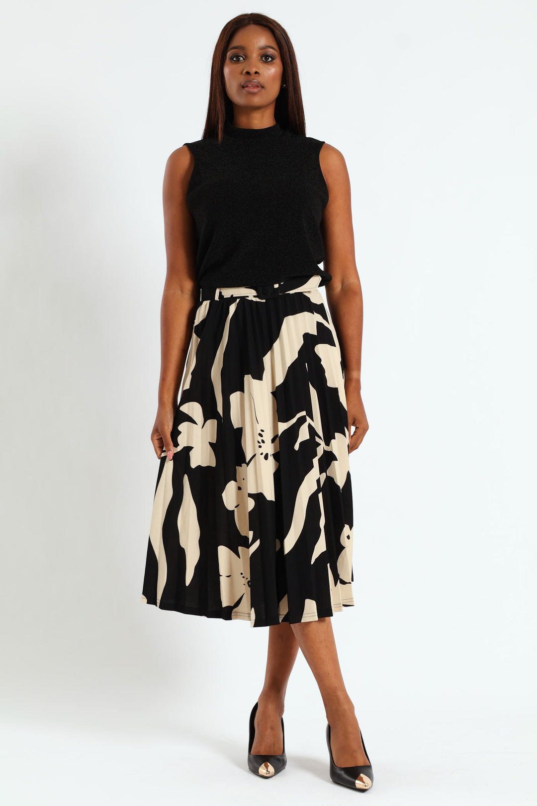 Belted Pleated Skirt - Black