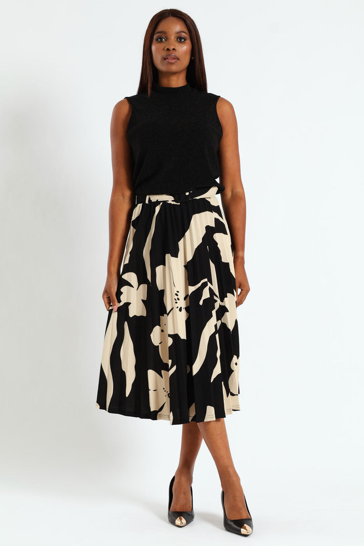 Belted Pleated Skirt - Black