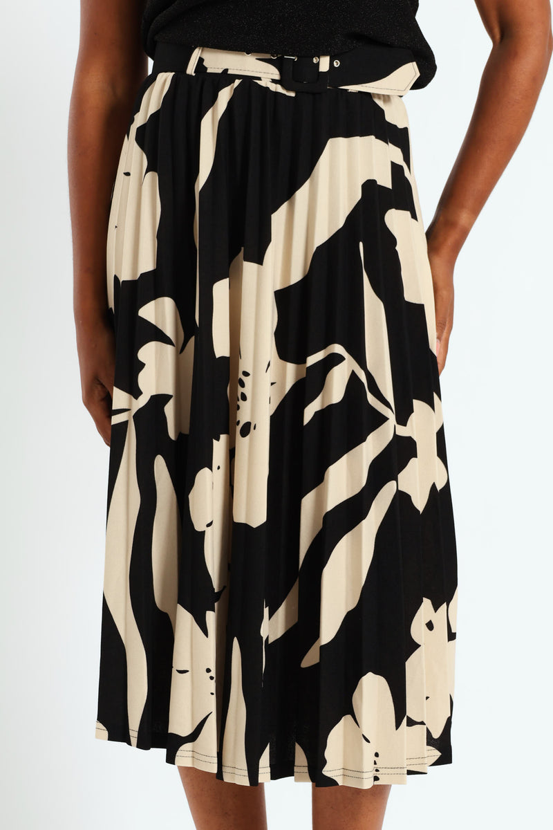 Belted Pleated Skirt - Black