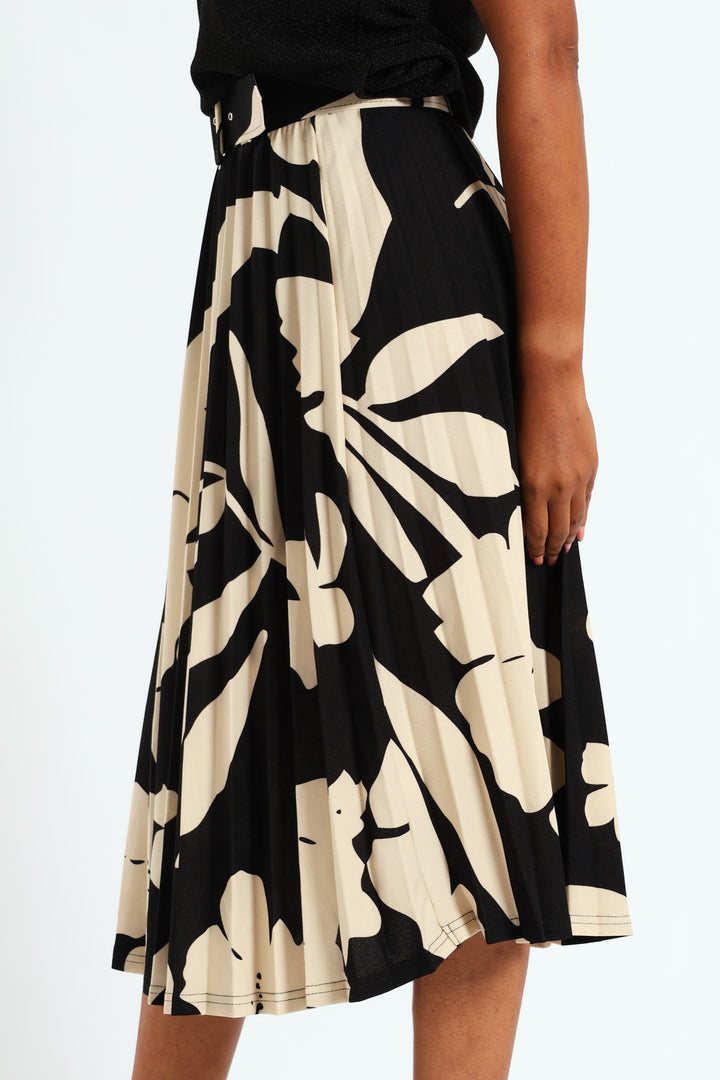 Belted Pleated Skirt - Black