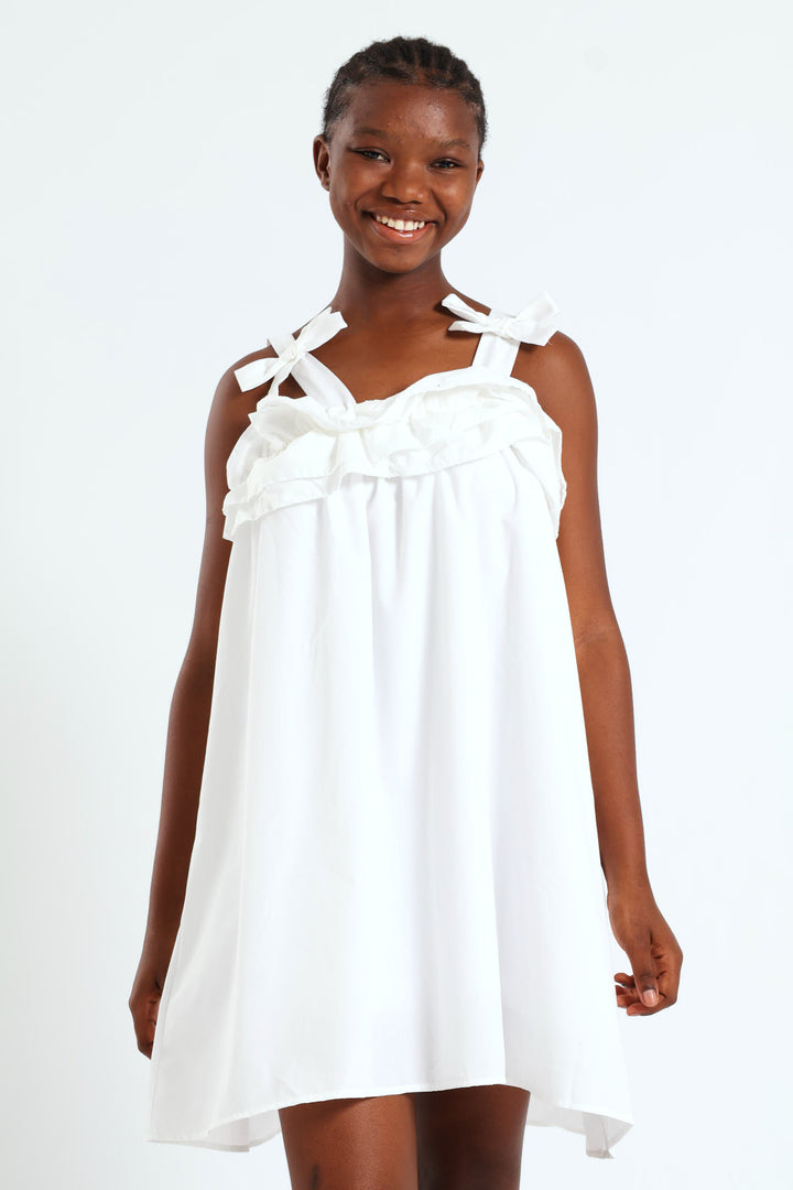 Girls Double Frill Bow Dress - White