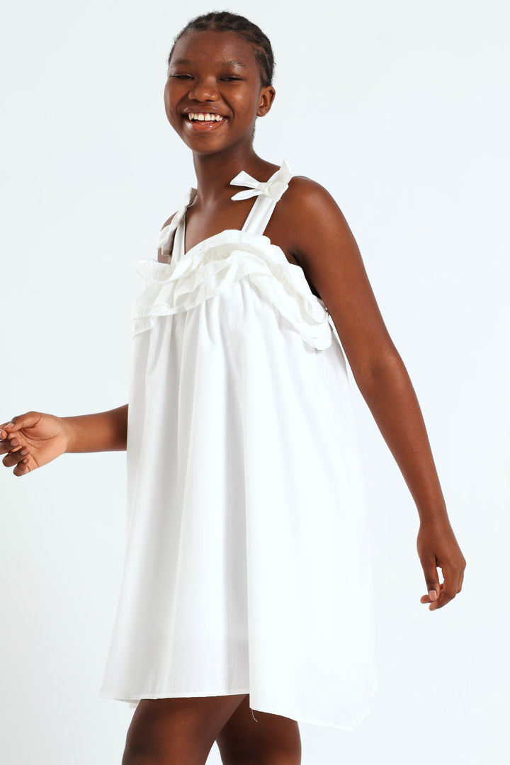 Girls Double Frill Bow Dress - White