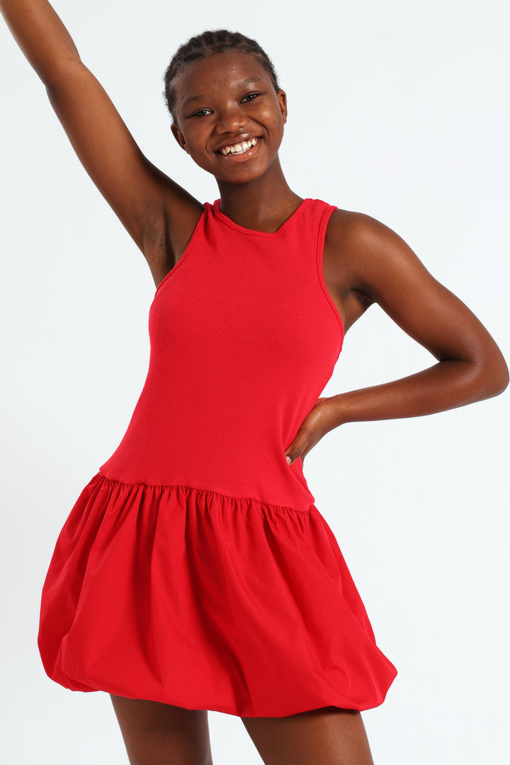 Girls Bubble Rib Dress - Red