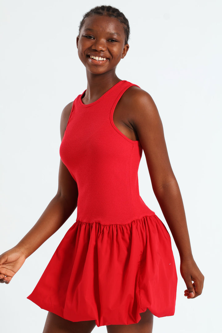 Girls Bubble Rib Dress - Red