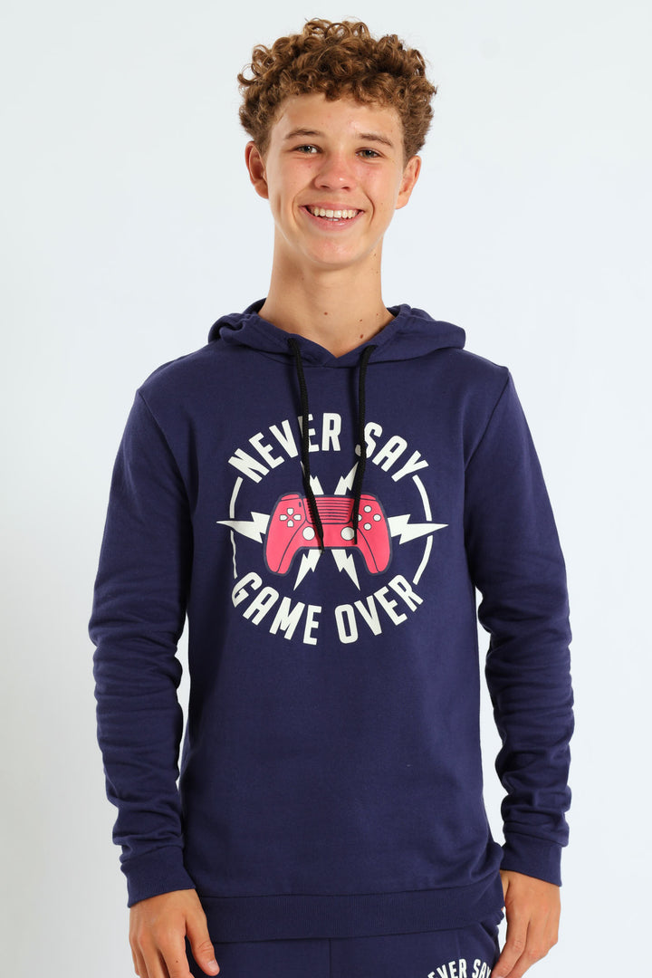 Boys Gamer Print Fleece Hoody - Navy