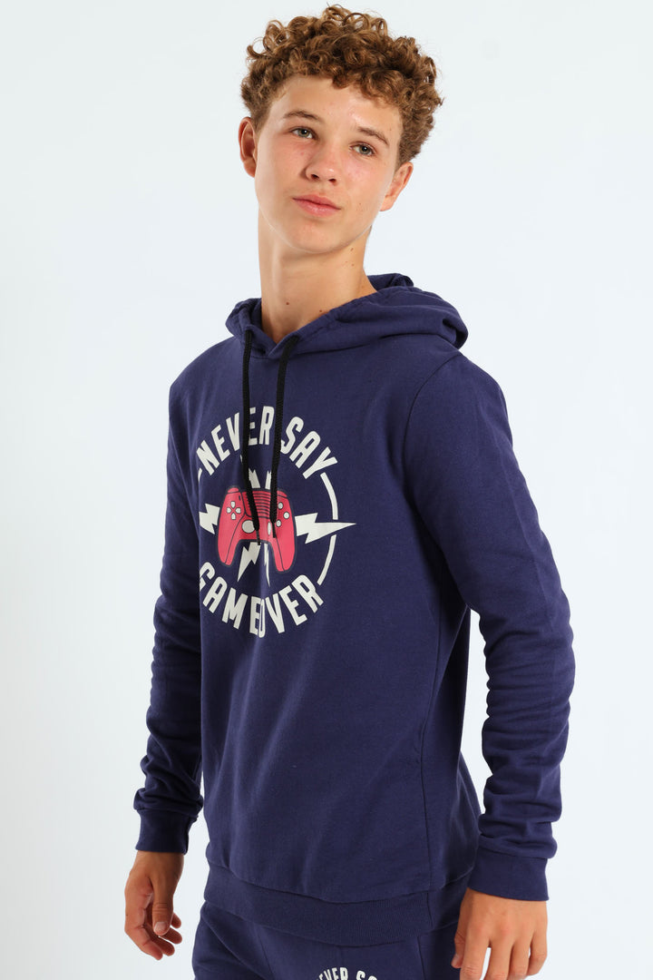 Boys Gamer Print Fleece Hoody - Navy