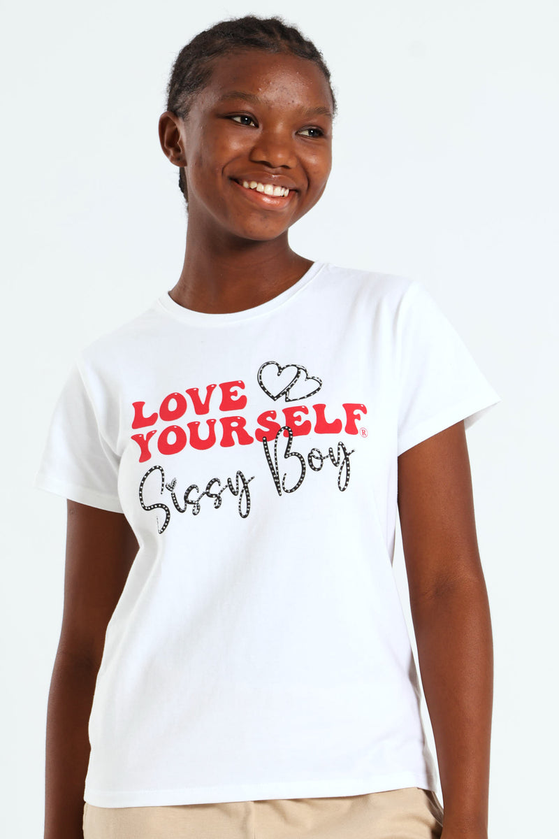 Girls Logo & Heart Bling Tee - White