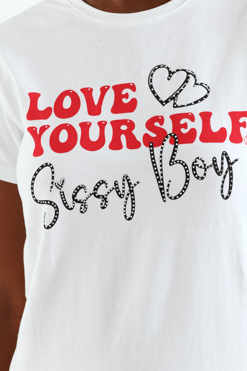Girls Logo & Heart Bling Tee - White