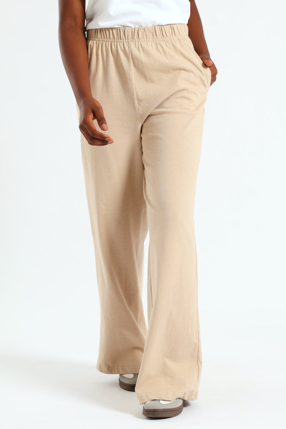 Girls Wide Leg Knit Track Pants - Tan