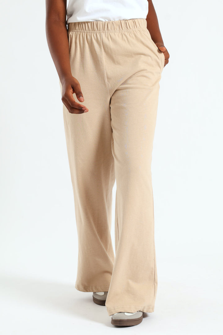 Girls Wide Leg Knit Track Pants - Tan