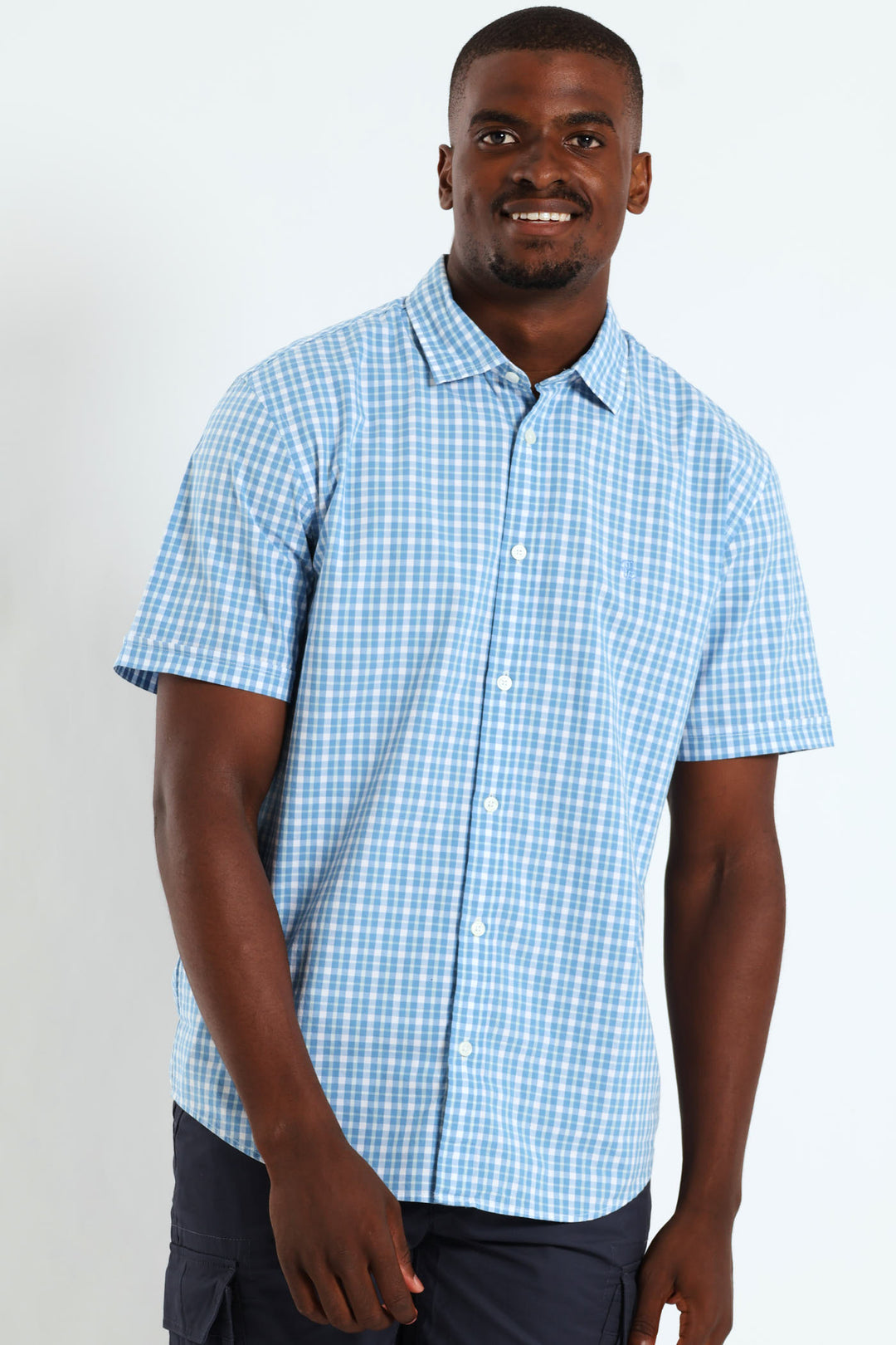 Short Sleeve Check Shirt - Light Blue/White