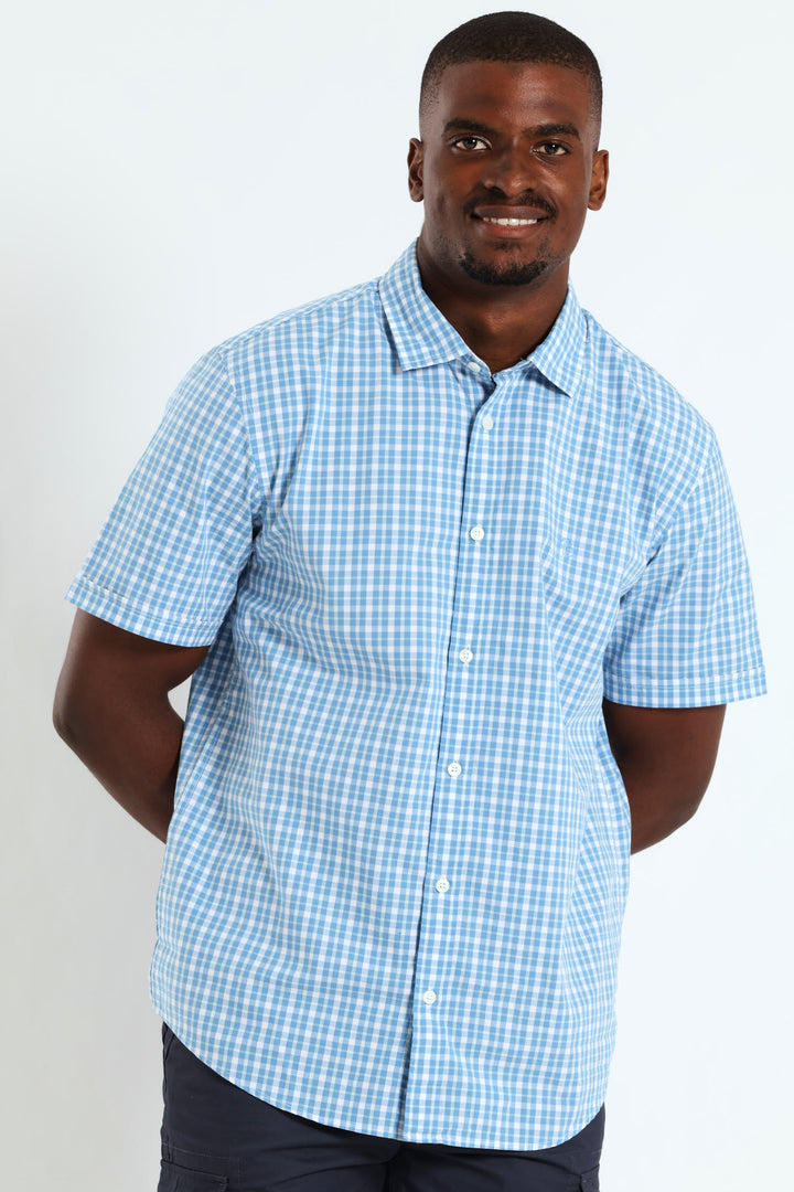 Short Sleeve Check Shirt - Light Blue/White