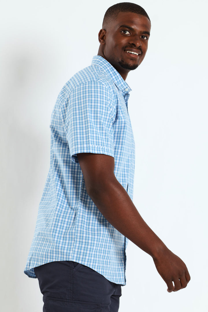 Short Sleeve Check Shirt - Light Blue/White