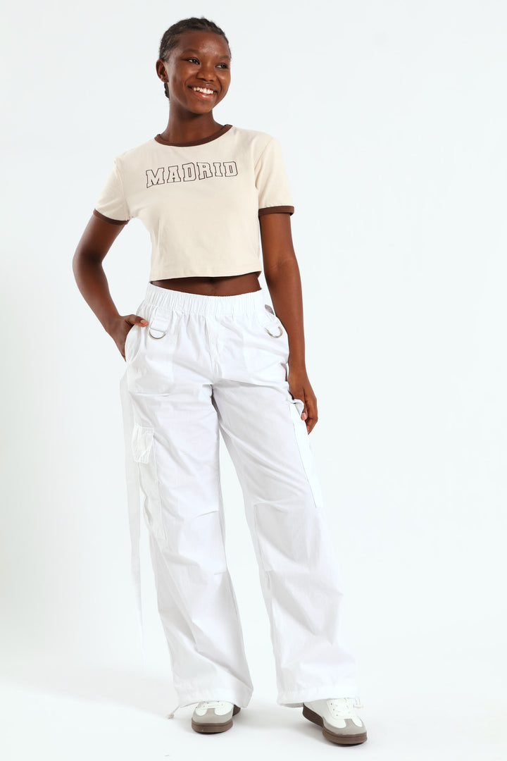 Girls Double Strap Parachute Pants  - White