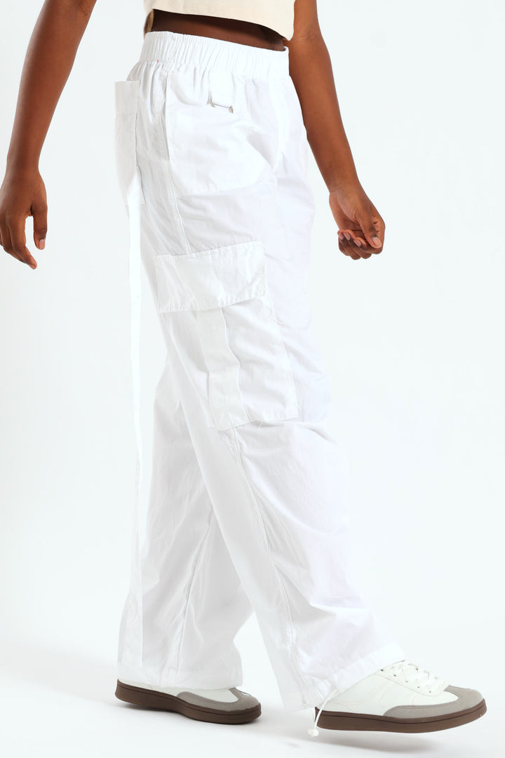 Girls Double Strap Parachute Pants  - White