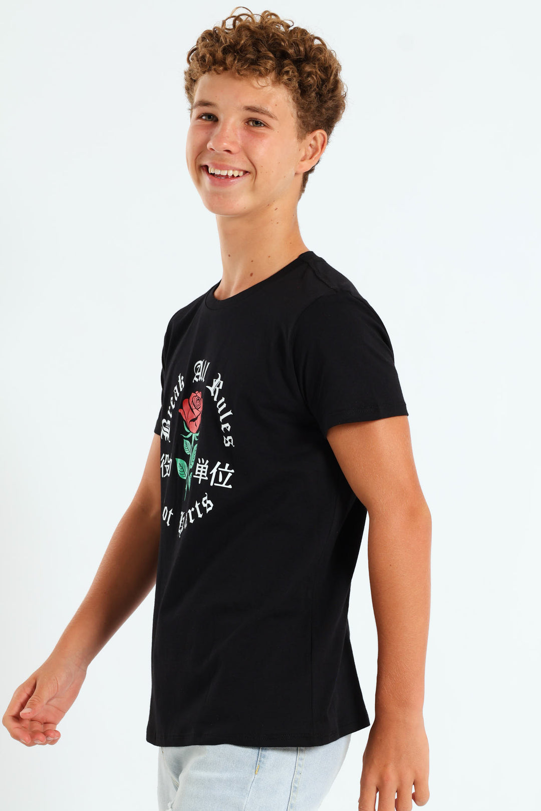 Boys Rose Print Tee - Black
