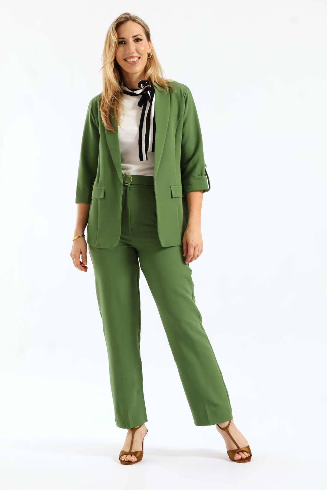 Shawl Collar Turn Up Sleeve Blazer - Green