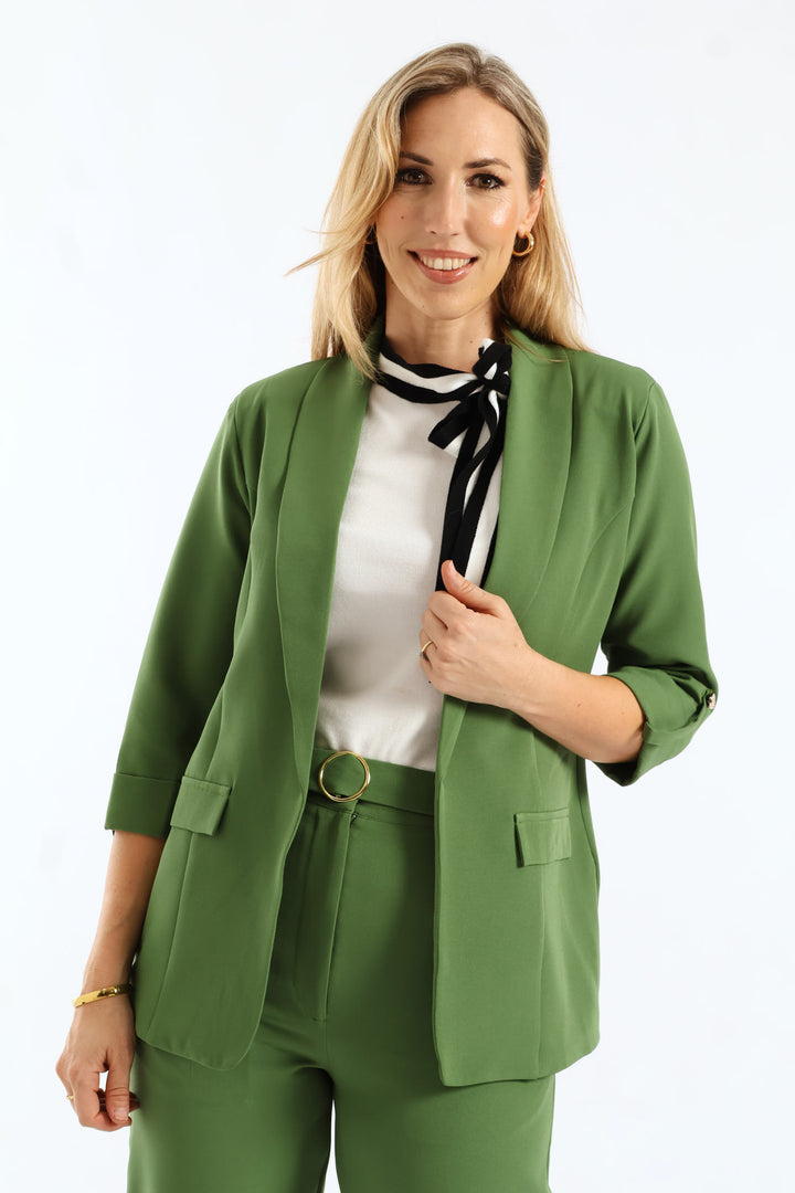 Shawl Collar Turn Up Sleeve Blazer - Green