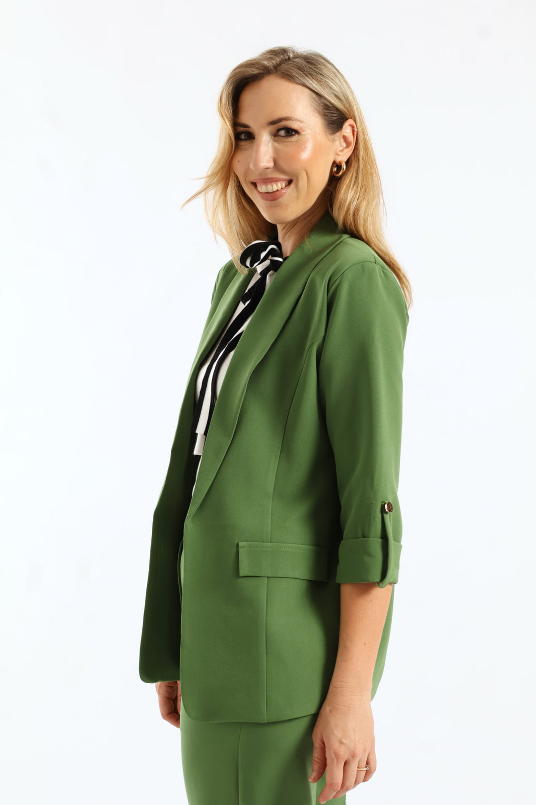 Shawl Collar Turn Up Sleeve Blazer - Green
