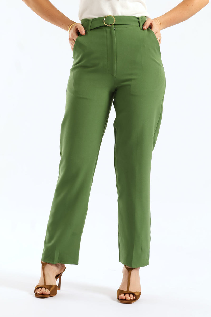 Belted Buckle Straight Leg Pant - Green