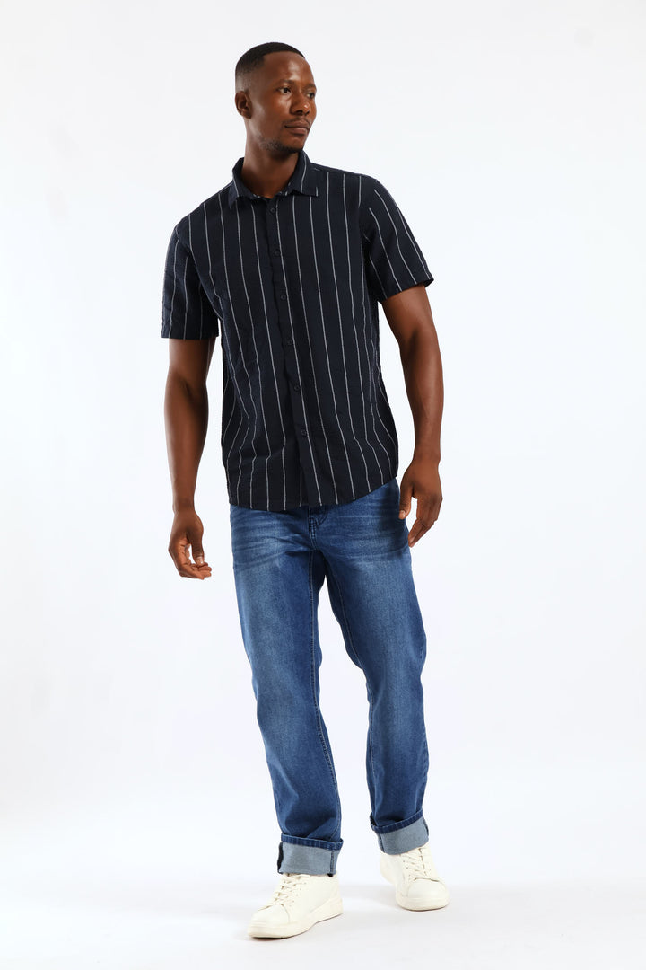 Stripe Seersucker Regular Shirt - Navy/White