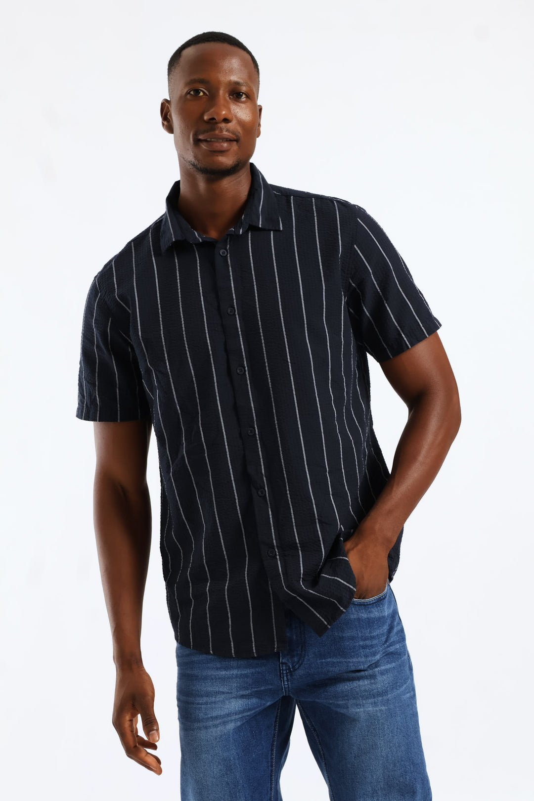 Stripe Seersucker Regular Shirt - Navy/White