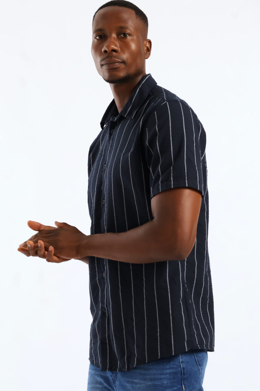 Stripe Seersucker Regular Shirt - Navy/White