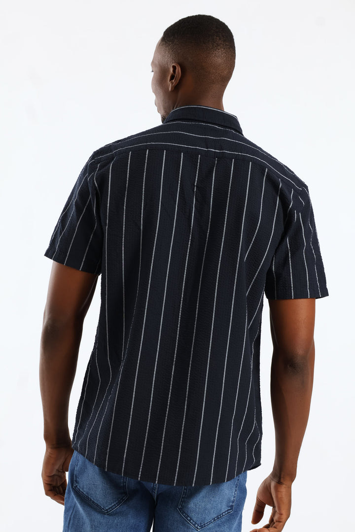 Stripe Seersucker Regular Shirt - Navy/White
