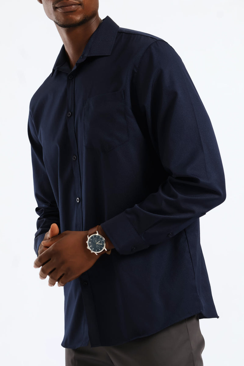 Regular Long Sleeve Diamond Textured Shirt - Navy