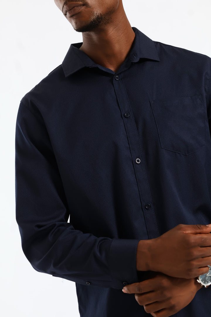 Regular Long Sleeve Diamond Textured Shirt - Navy