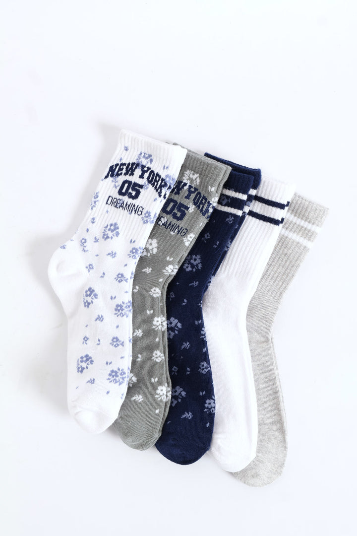 Girls 5 Pack New York Floral Anklet Socks - Grey