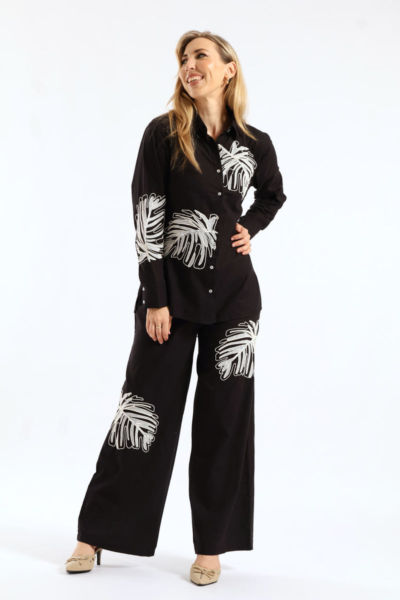 Long Sleeve Embroidered Leaf Linen Shirt - Black