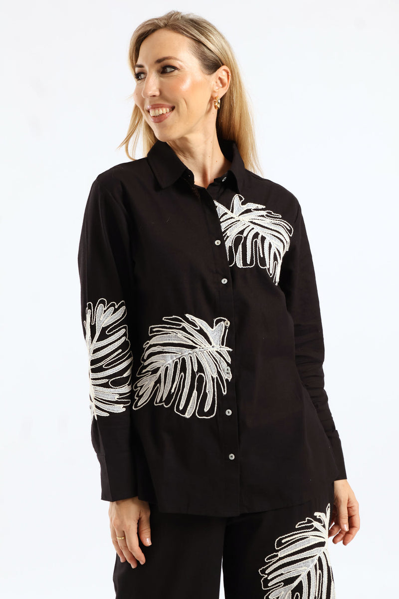 Long Sleeve Embroidered Leaf Linen Shirt - Black