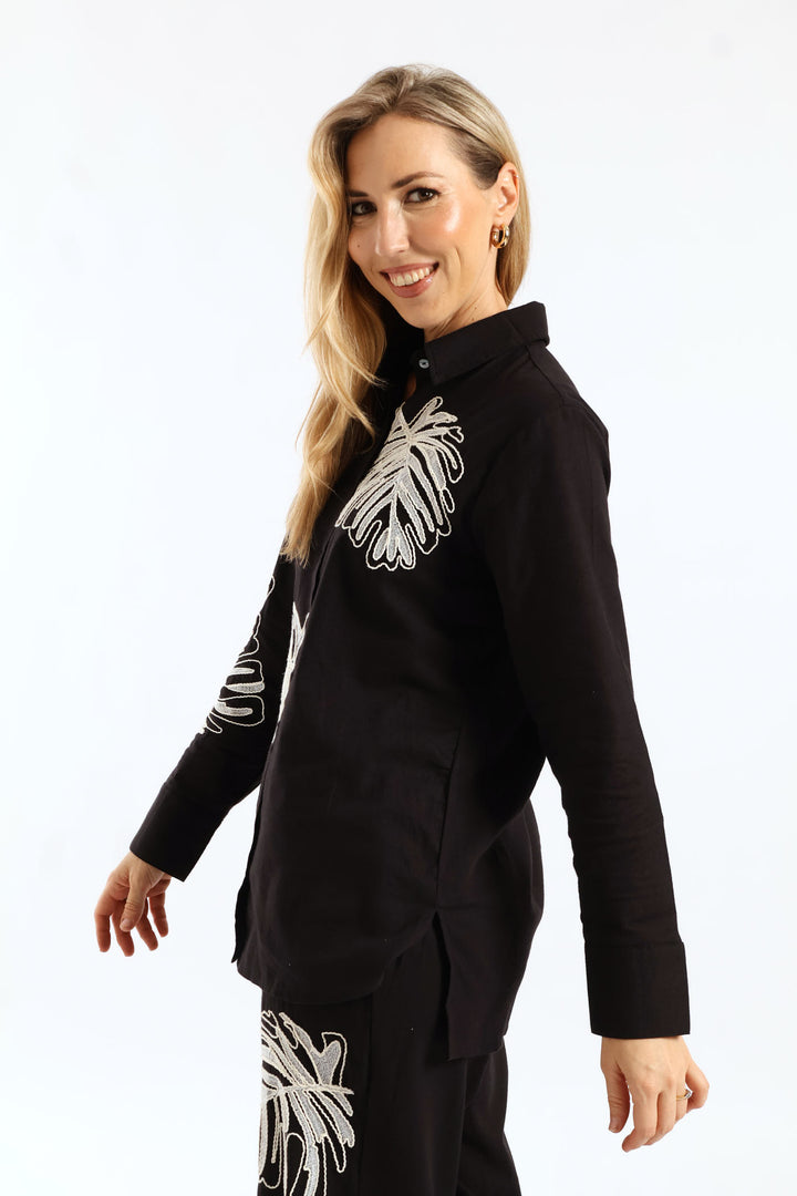Long Sleeve Embroidered Leaf Linen Shirt - Black