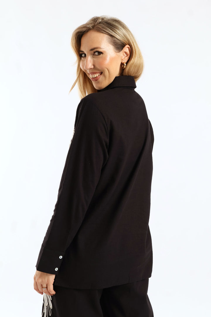 Long Sleeve Embroidered Leaf Linen Shirt - Black