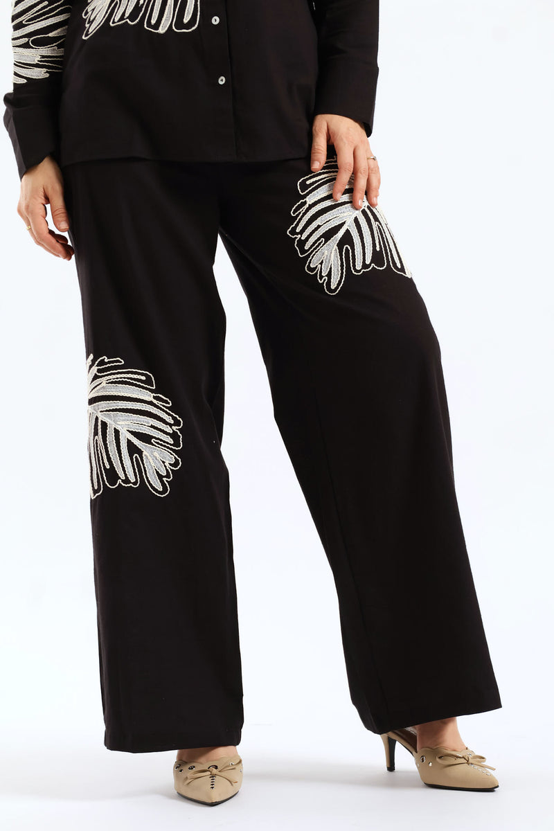 Embroidered Leaf Trouser - Black