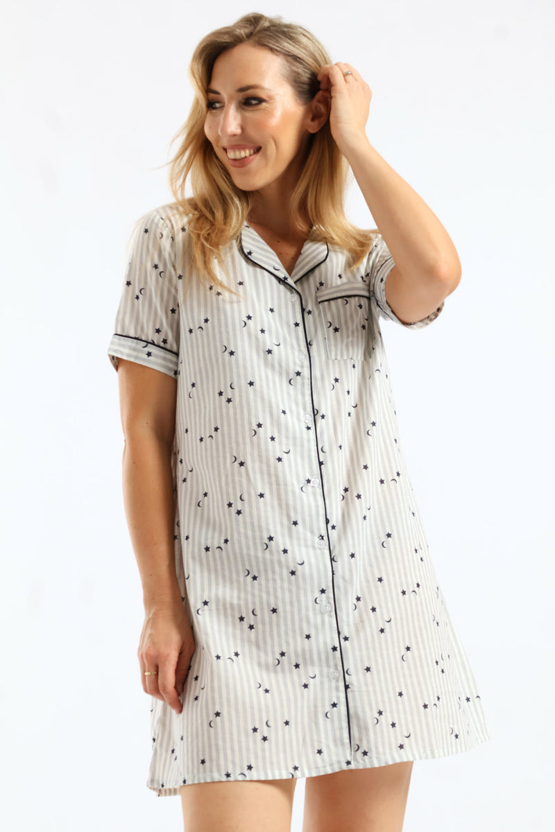 Stripe Stars Button Through Cotton Sleepshirt - White/Blue