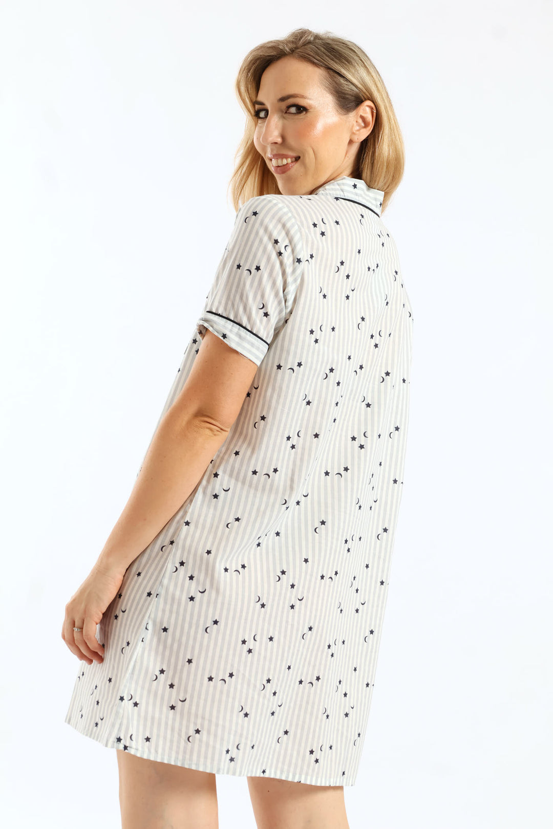 Stripe Stars Button Through Cotton Sleepshirt - White/Blue