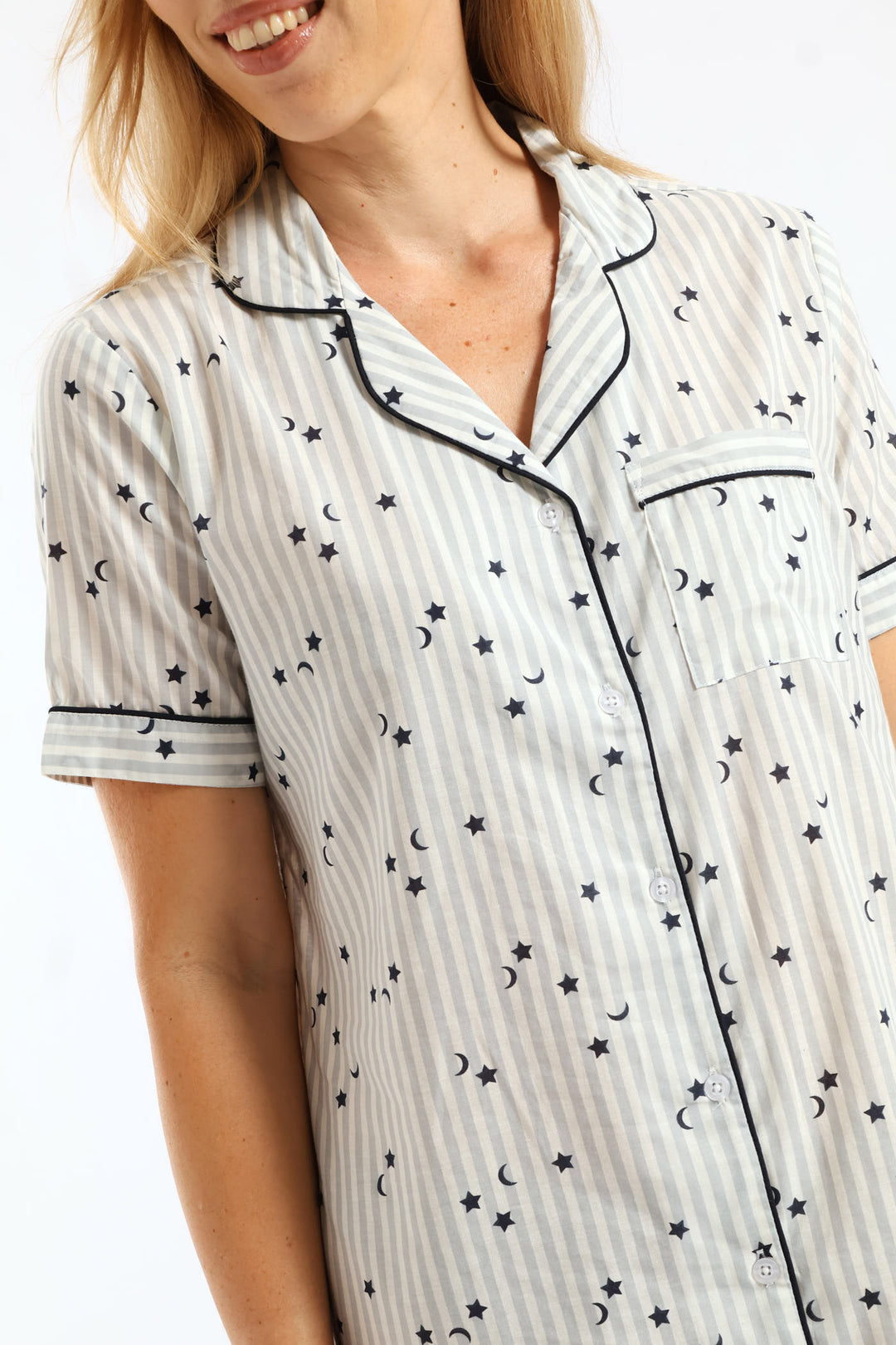 Stripe Stars Button Through Cotton Sleepshirt - White/Blue