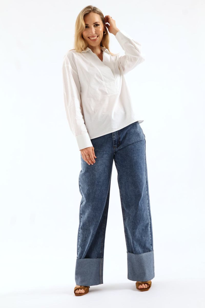 Half Placket Cutaway Popover Poplin Shirt - White