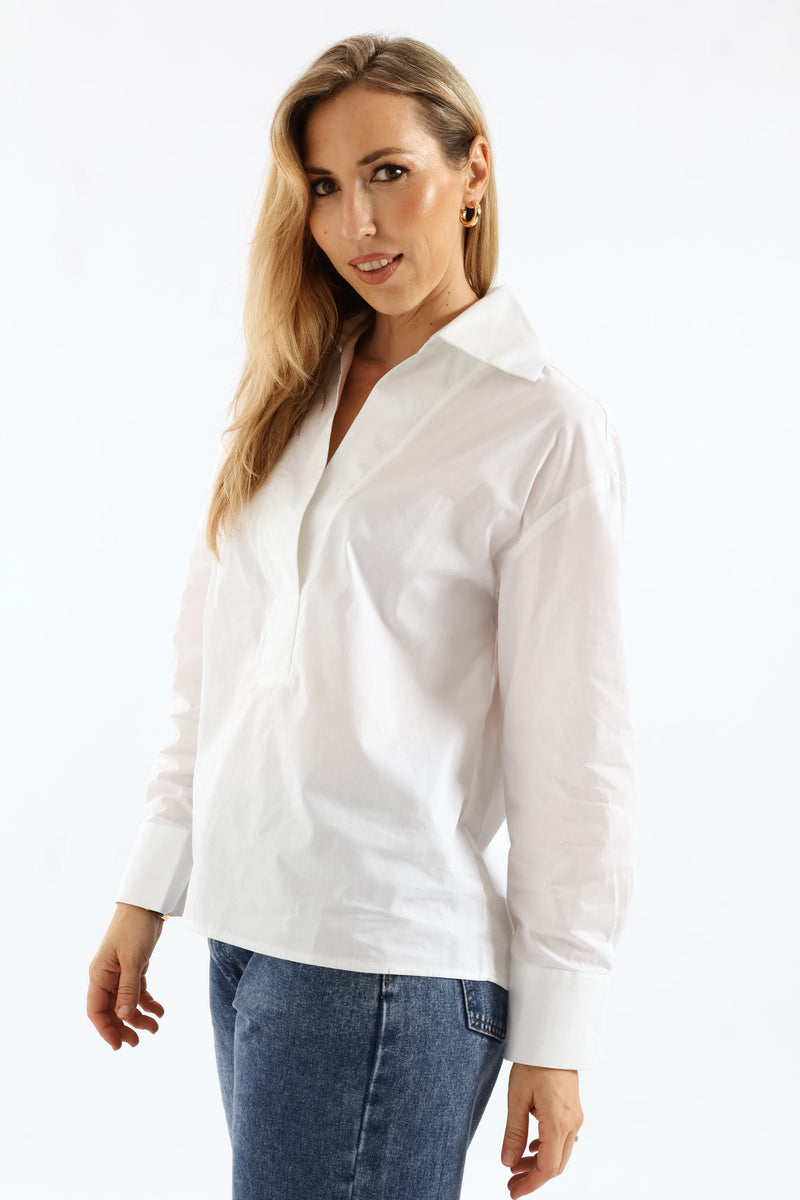 Half Placket Cutaway Popover Poplin Shirt - White