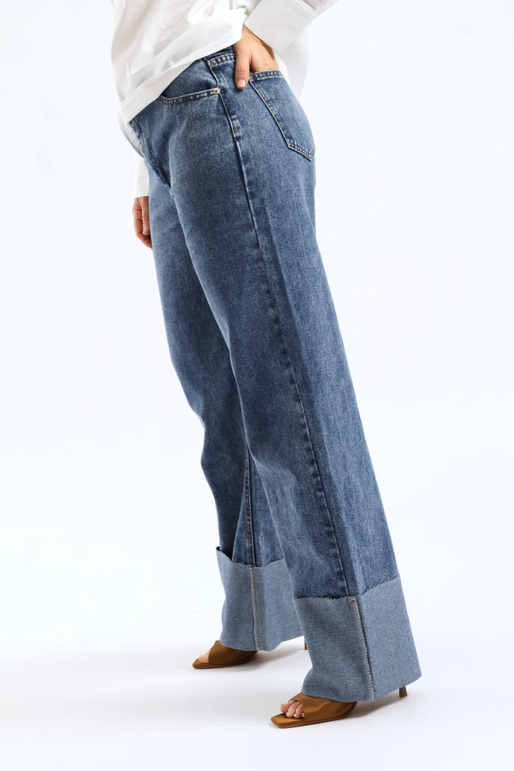 Hi-Rise Abraised Super Turnup Wide Leg Denim - Medium Wash