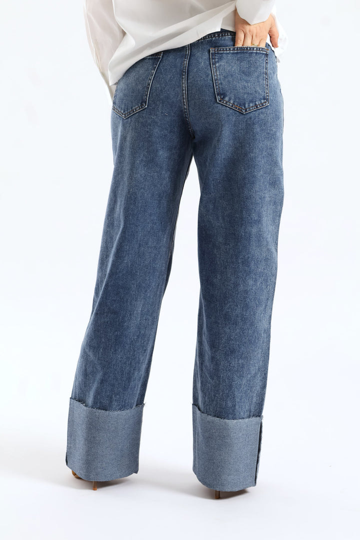 Hi-Rise Abraised Super Turnup Wide Leg Denim - Medium Wash