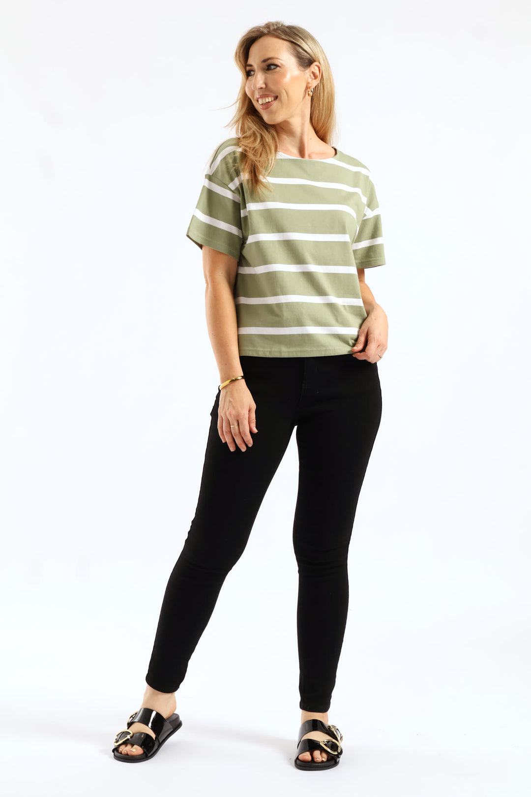 Eyelet Side Seam Detail Wide Stripe Boxy Tee - Green/White